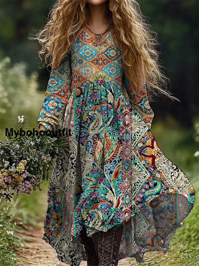 Retro Floral Art Print V-Neck Elegant And Chic Loose Long-Sleeved Midi Dress A / S