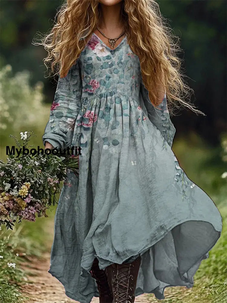 Retro Floral Art Print V-Neck Elegant Chic Loose Long Sleeve Midi Dress A / S