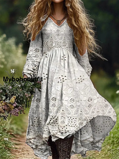 Retro Floral Art Print V-Neck Elegant Chic Loose Long Sleeve Midi Dress A / S