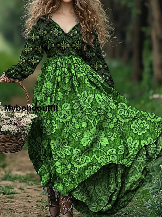 Retro Floral Art Print V-Neck Elegant Chic Loose Long Sleeve Midi Dress A / S