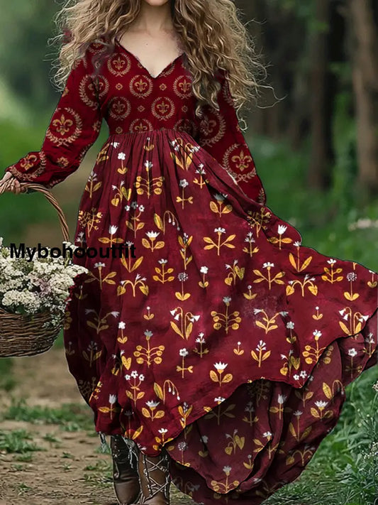 Retro Floral Art Print V-Neck Elegant Chic Loose Long Sleeve Midi Dress A / S