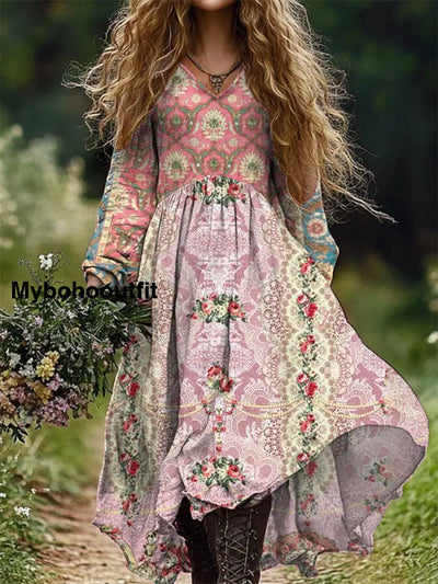 Retro Floral Art Print V-Neck Elegant Chic Loose Long Sleeve Midi Dress A / S