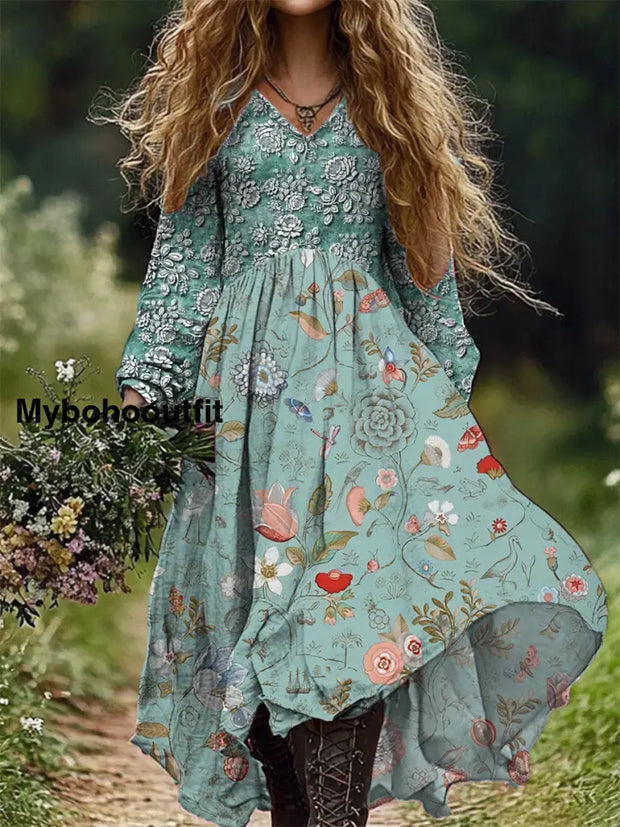 Retro Floral Art Print V-Neck Elegant Chic Loose Long Sleeve Midi Dress A / S