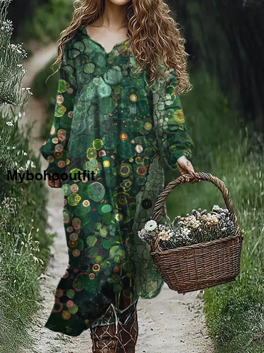 Retro Floral Art Print V-Neck Elegant Chic Loose Long Sleeve Midi Dress A / S