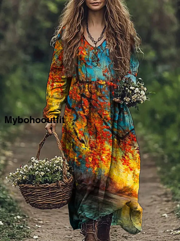 Retro Floral Art Print V-Neck Elegant Chic Loose Long Sleeve Midi Dress A / S