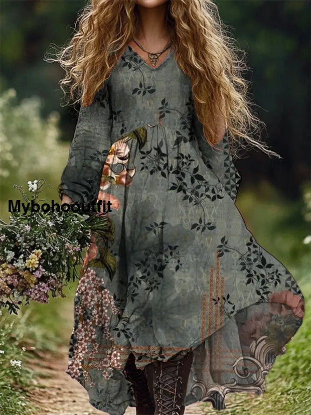 Retro Floral Art Print V-Neck Elegant Chic Loose Long Sleeve Midi Dress A / S