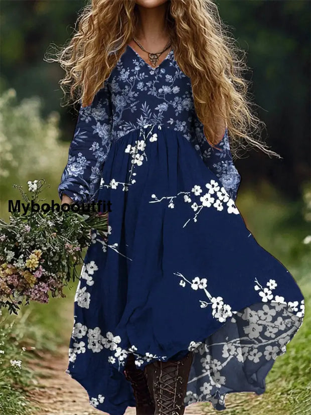 Retro Floral Art Print V-Neck Elegant Chic Loose Long Sleeve Midi Dress A / S