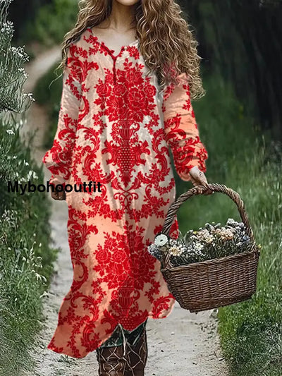 Retro Floral Art Print V-Neck Elegant Chic Loose Long Sleeve Midi Dress A / S