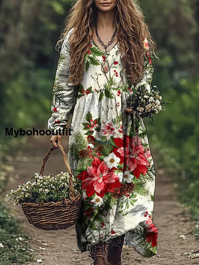 Retro Floral Art Print V-Neck Elegant Chic Loose Long Sleeve Midi Dress A / S