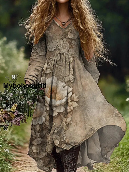 Retro Floral Art Print V-Neck Elegant Chic Loose Long Sleeve Midi Dress A / S