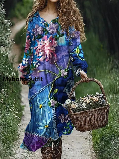 Retro Floral Art Print V-Neck Elegant Chic Loose Long Sleeve Midi Dress A / S