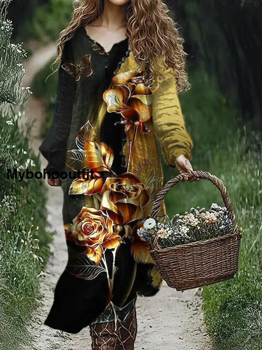 Retro Floral Art Print V-Neck Elegant Chic Loose Long Sleeve Midi Dress A / S