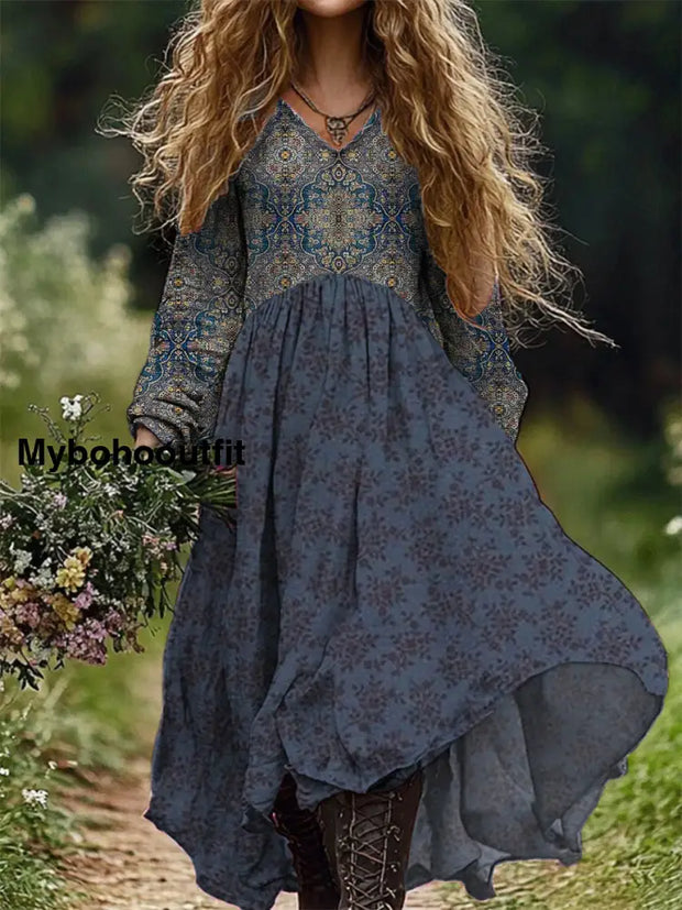 Retro Floral Art Print V-Neck Elegant Chic Loose Long Sleeve Midi Dress A / S