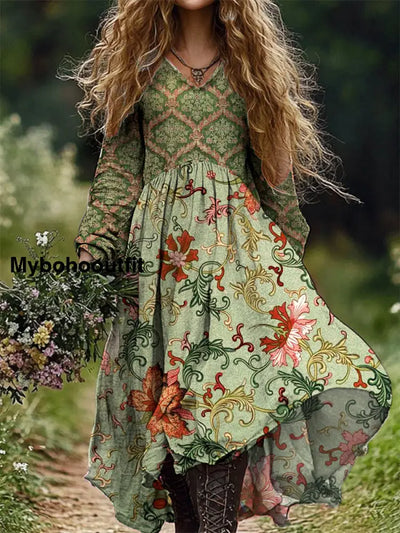 Retro Floral Art Print V-Neck Elegant Chic Loose Long Sleeve Midi Dress A / S