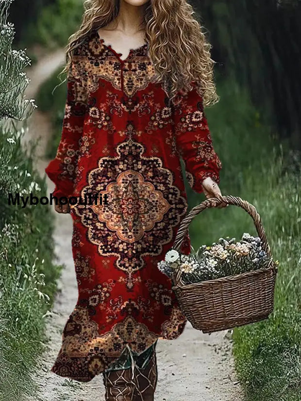 Retro Floral Art Print V-Neck Elegant Chic Loose Long Sleeve Midi Dress A / S