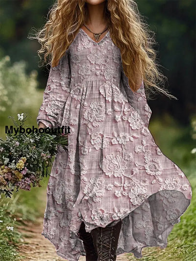 Retro Floral Art Print V-Neck Elegant Chic Loose Long Sleeve Midi Dress A / S