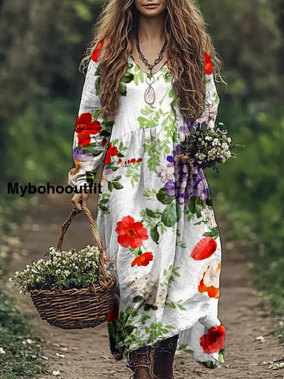 Retro Floral Art Print V-Neck Elegant Chic Loose Long Sleeve Midi Dress A / S