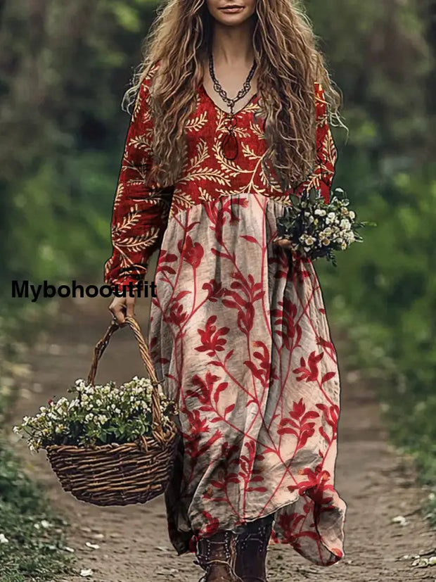 Retro Floral Art Print V-Neck Elegant Chic Loose Long Sleeve Midi Dress A / S