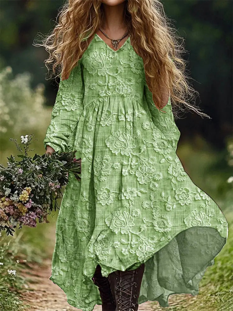 Retro Floral Art Print V-Neck Elegant Chic Loose Long Sleeve Midi Dress B / S