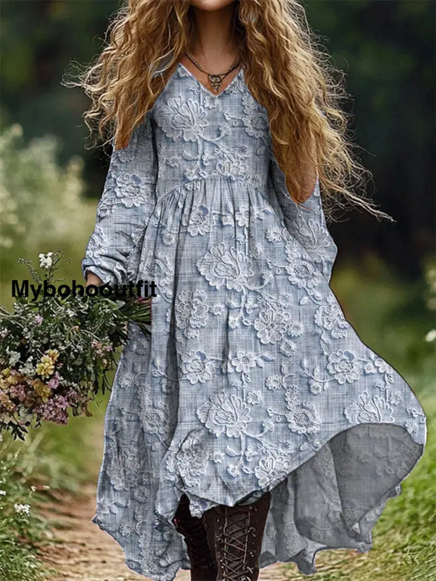 Retro Floral Art Print V-Neck Elegant Chic Loose Long Sleeve Midi Dress C / S