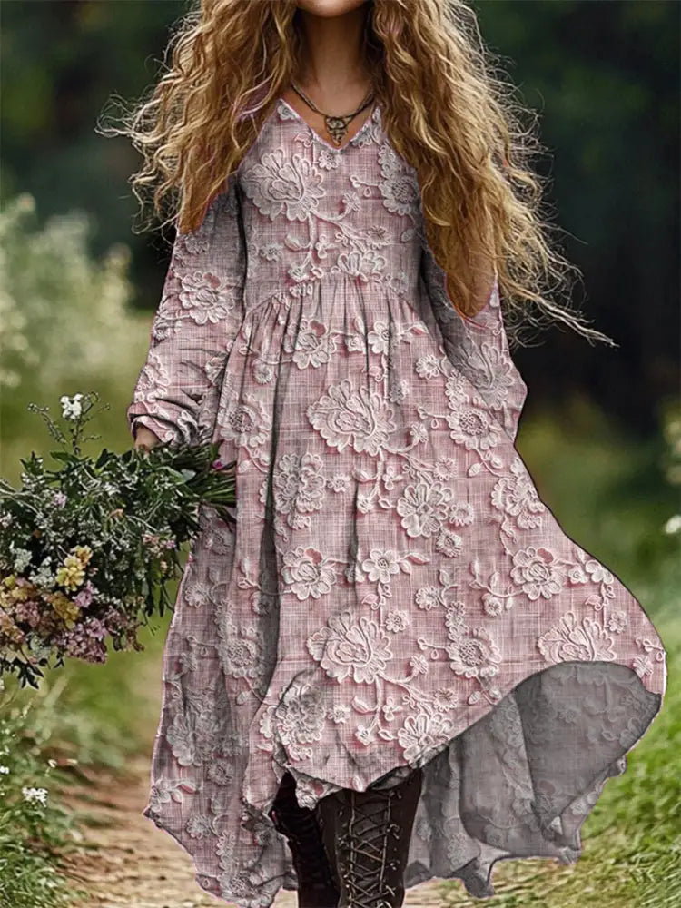 Retro Floral Art Print V-Neck Elegant Chic Loose Long Sleeve Midi Dress D / S