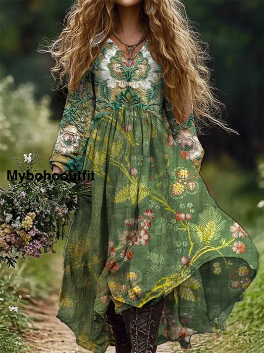 Retro Floral Art Print V Neck Elegant Chic Loose Long Sleeve Midi Length Dress A / S