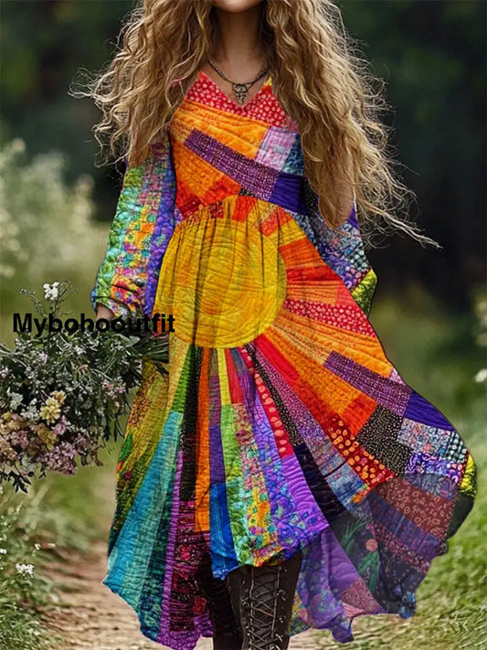 Retro Floral Art Print V Neck Elegant Chic Loose Long Sleeve Midi Length Dress A / S