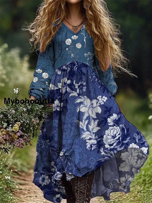 Retro Floral Art Print V Neck Elegant Chic Loose Long Sleeve Midi Length Dress A / S
