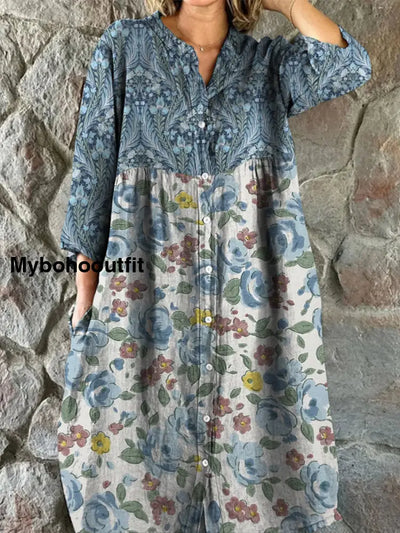 Retro Floral Art Print Vintage Chic V-Neck Button Up Long Sleeve Midi Dress A / S