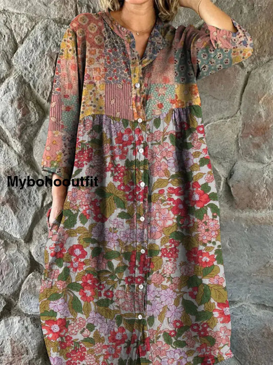 Retro Floral Art Print Vintage Chic V-Neck Button Up Long Sleeve Midi Dress A / S