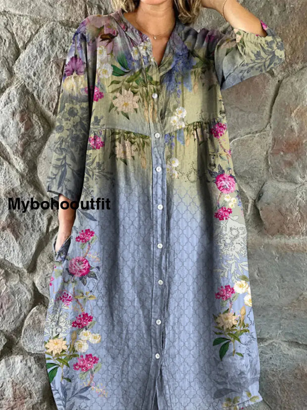 Retro Floral Art Print Vintage Chic V-Neck Button Up Long Sleeve Midi Dress A / S