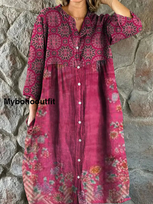 Retro Floral Art Print Vintage Chic V-Neck Button Up Long Sleeve Midi Dress A / S