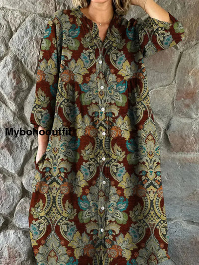 Retro Floral Art Print Vintage Chic V-Neck Button Up Long Sleeve Midi Dress A / S