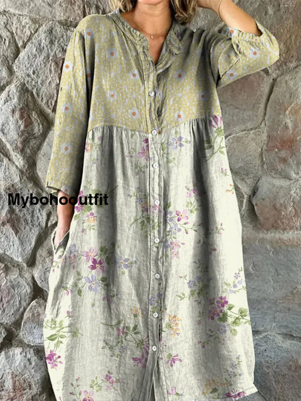 Retro Floral Art Print Vintage Chic V-Neck Button Up Long Sleeve Midi Dress A / S