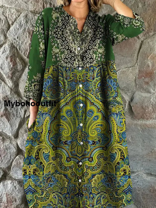 Retro Floral Art Print Vintage Chic V-Neck Button Up Long Sleeve Midi Dress A / S