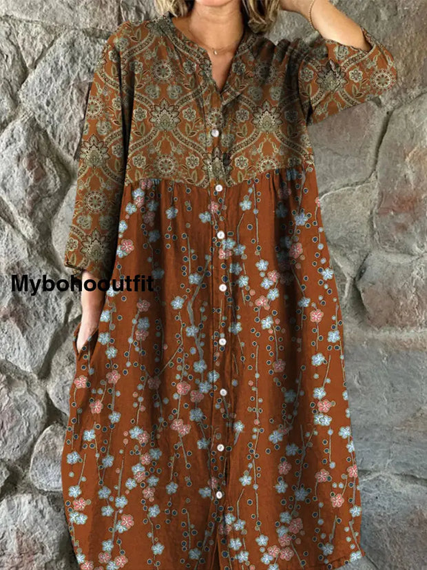 Retro Floral Art Print Vintage Chic V-Neck Button Up Long Sleeve Midi Dress A / S