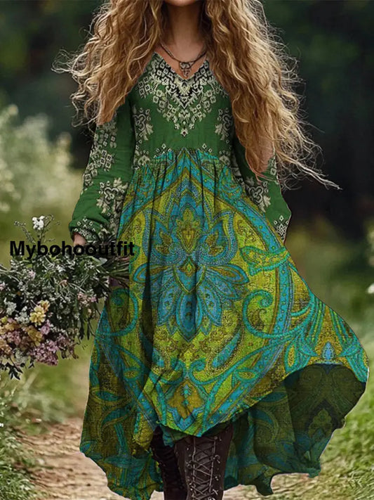 Retro Floral Art Print Vintage Chic V-Neck Button Up Long Sleeve Midi Dress A / S