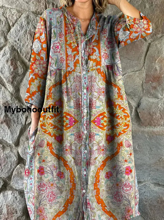 Retro Floral Art Print Vintage Chic V-Neck Button Up Long Sleeve Midi Dress A / S