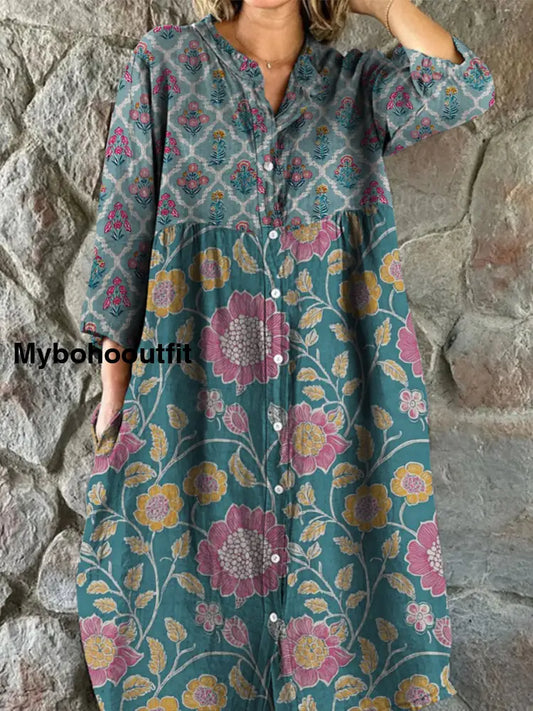 Retro Floral Art Print Vintage Chic V-Neck Button Up Long Sleeve Midi Dress A / S