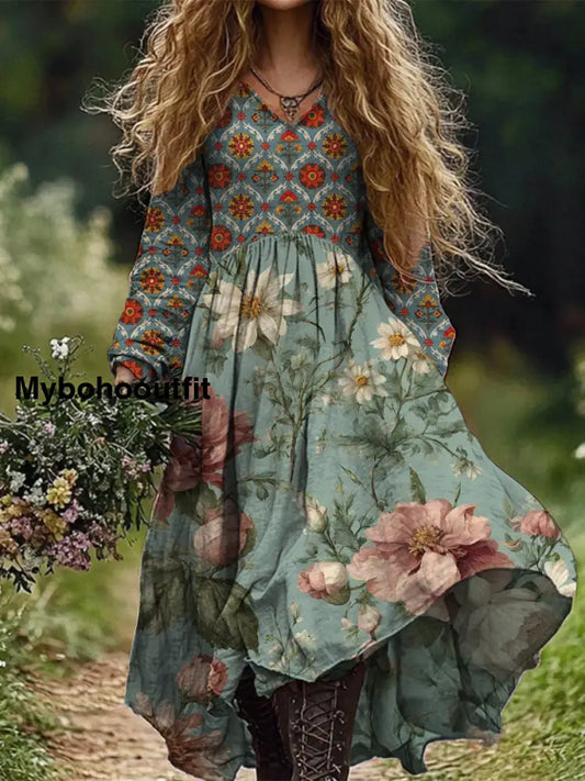 Retro Floral Art Print Vintage Chic V-Neck Button Up Long Sleeve Midi Dress A / S