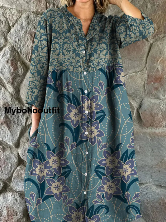 Retro Floral Art Print Vintage Chic V-Neck Button Up Long Sleeve Midi Dress A / S