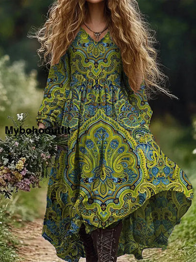 Retro Floral Art Print Vintage Chic V-Neck Button Up Long Sleeve Midi Dress A / S