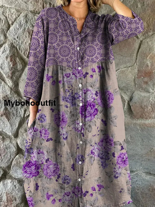 Retro Floral Art Print Vintage Chic V-Neck Button Up Long Sleeve Midi Dress A / S