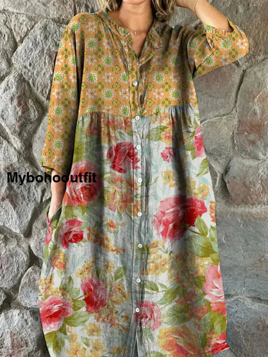 Retro Floral Art Print Vintage Chic V-Neck Button Up Long Sleeve Midi Dress A / S