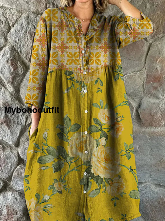 Retro Floral Art Print Vintage Chic V-Neck Button Up Long Sleeve Midi Dress A / S
