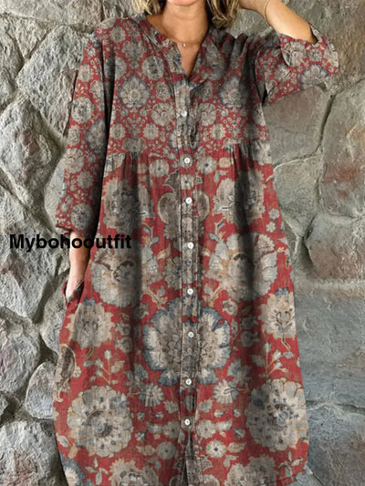 Retro Floral Art Print Vintage Chic V-Neck Button Up Long Sleeve Midi Dress A / S