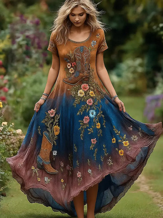 Retro Floral Art Print Vintage Round Neck Short Sleeves Cotton Maxi Dress A / S
