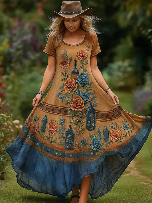 Retro Floral Art Print Vintage Round Neck Short Sleeves Cotton Maxi Dress A / S