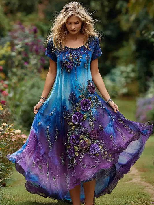 Retro Floral Art Print Vintage Round Neck Short Sleeves Cotton Maxi Dress A / S
