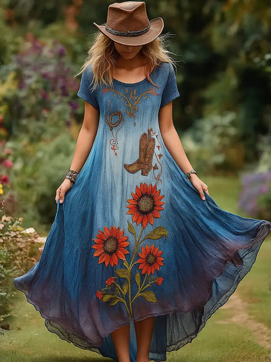Retro Floral Art Print Vintage Round Neck Short Sleeves Cotton Maxi Dress A / S